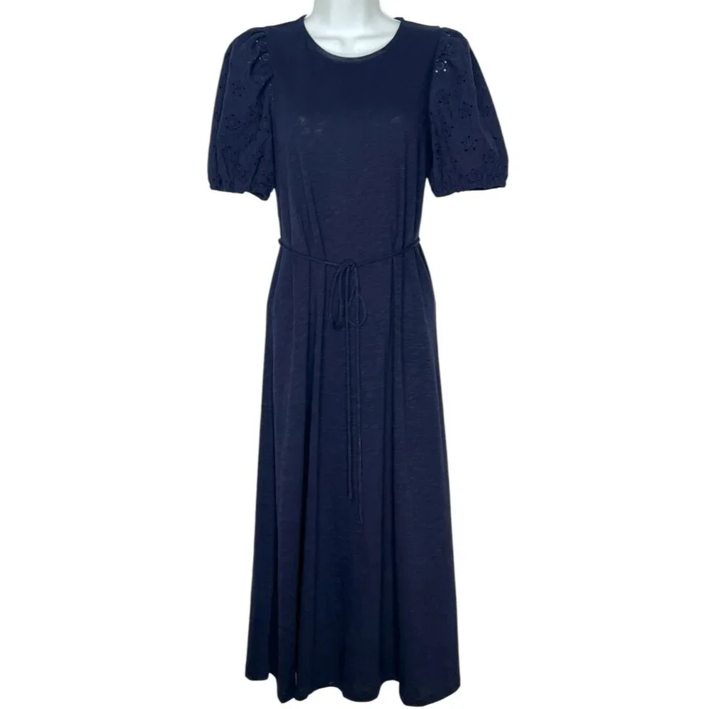 Boden Broderie Mix Jersey Midi Dress Navy Blue Cotton 4P Puff Sleeves